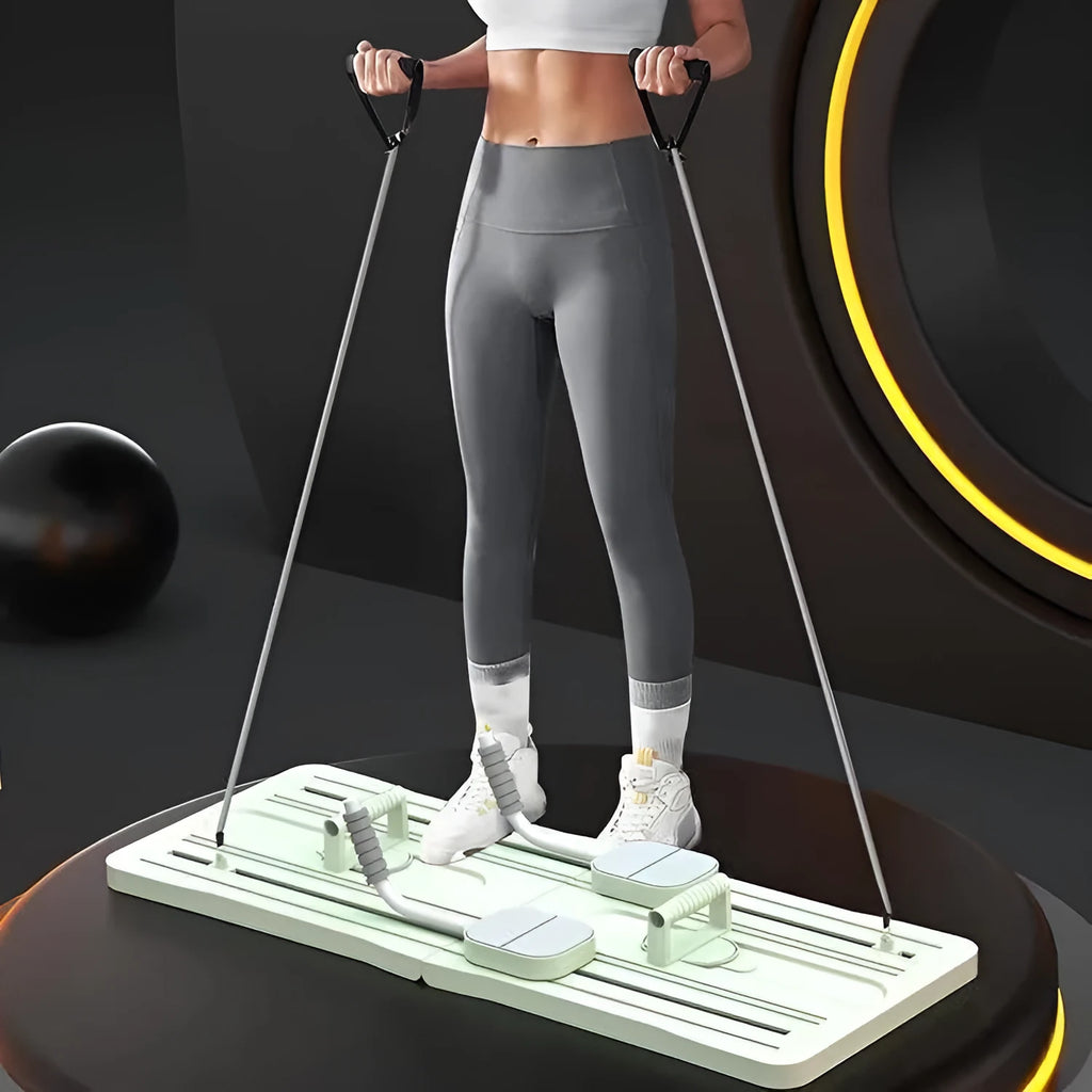 Purple foldable PP belly panel fitness board for core workouts on a floor.