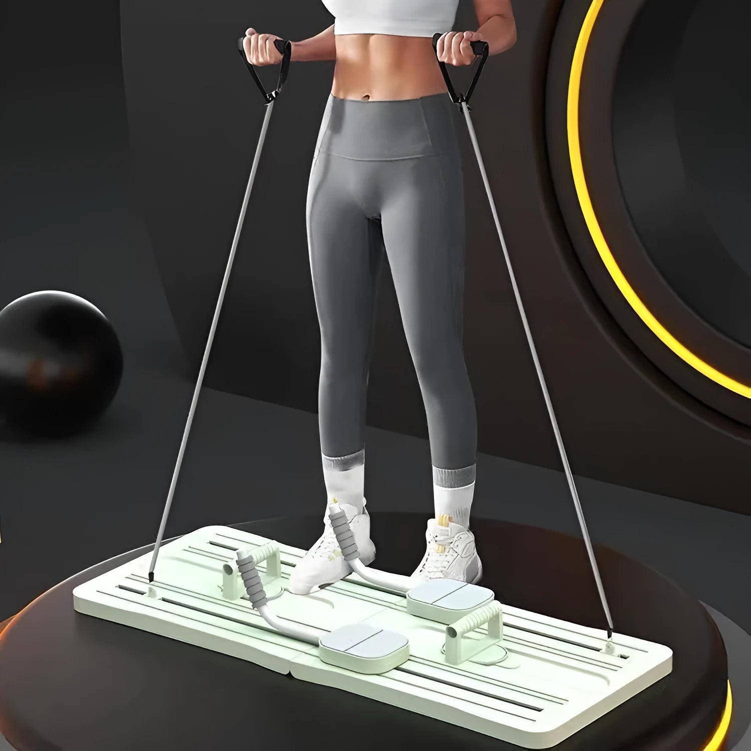 Purple foldable PP belly panel fitness board for core workouts on a floor.