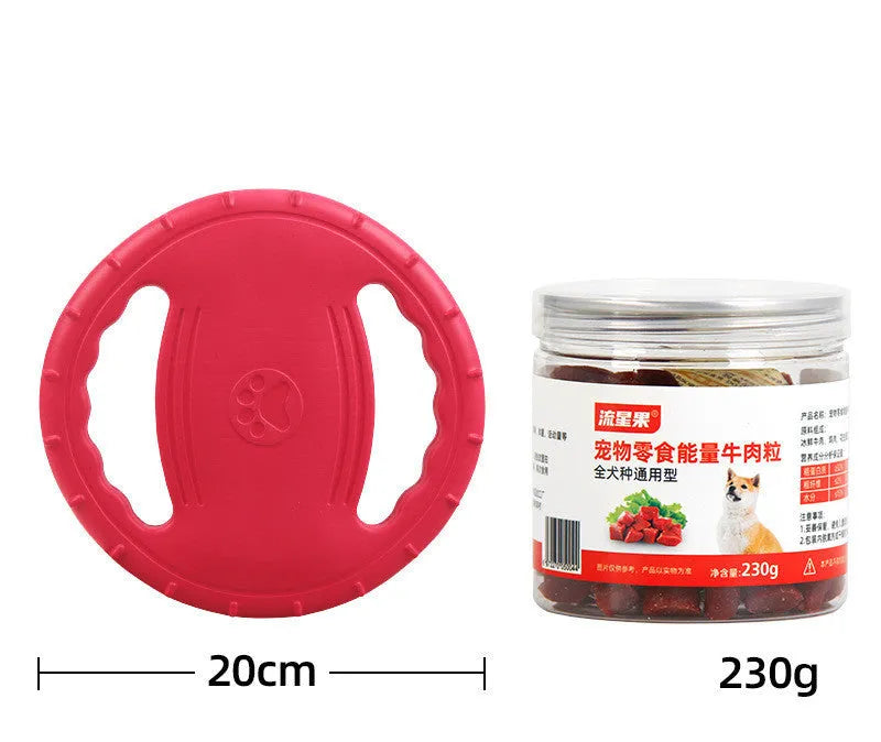 Dog training set with plastic frisbee and bite ring in orange and green colours on grass