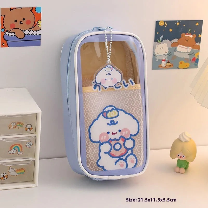 Transparent PVC pencil case with colourful cartoon character design