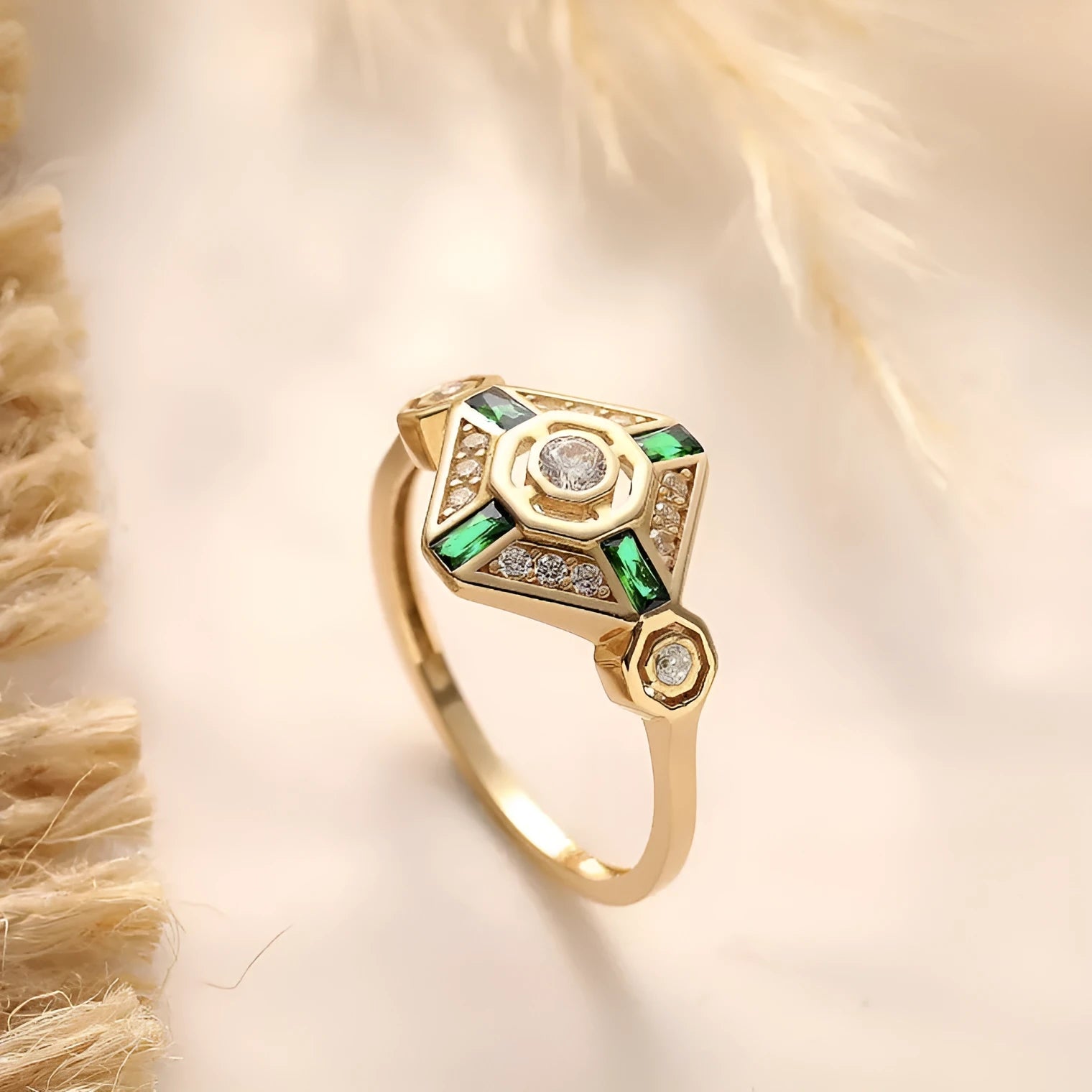 Square geometric women's ring in lvzuan green colour on a white background.