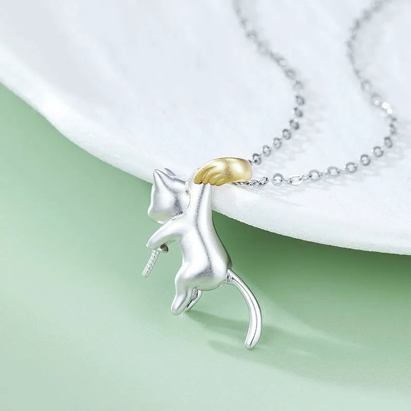 925 sterling silver clavicle chain necklace with a cat charm pendant