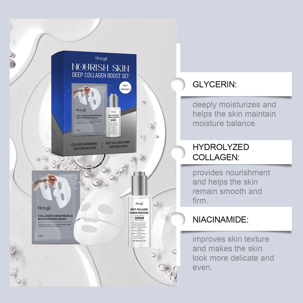 Collagen moisturising skincare set with facial mask and 30ml essence bottle for hydration treatment