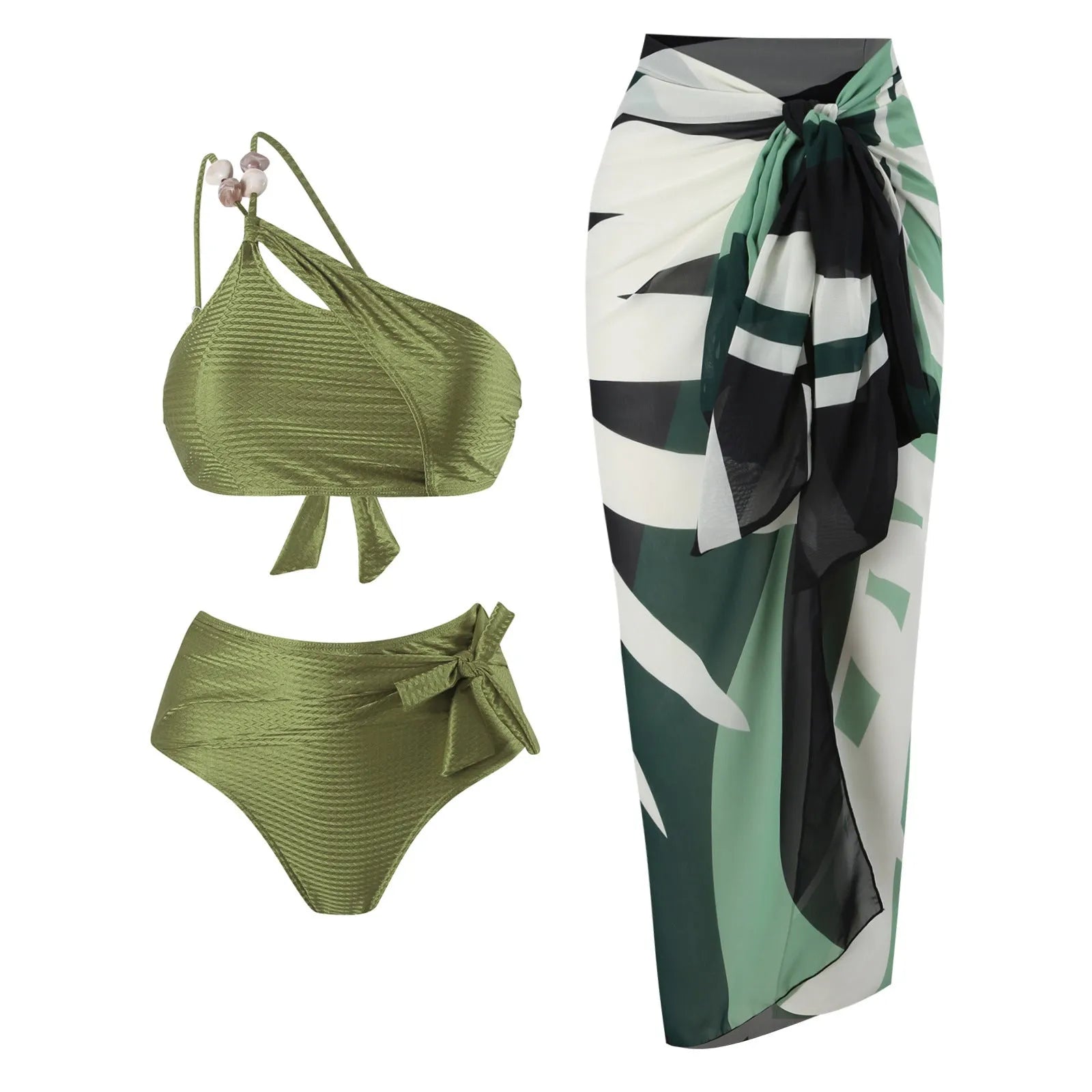 Women's high waist push up bikini swimsuit with chiffon dress in black, brown, or green.