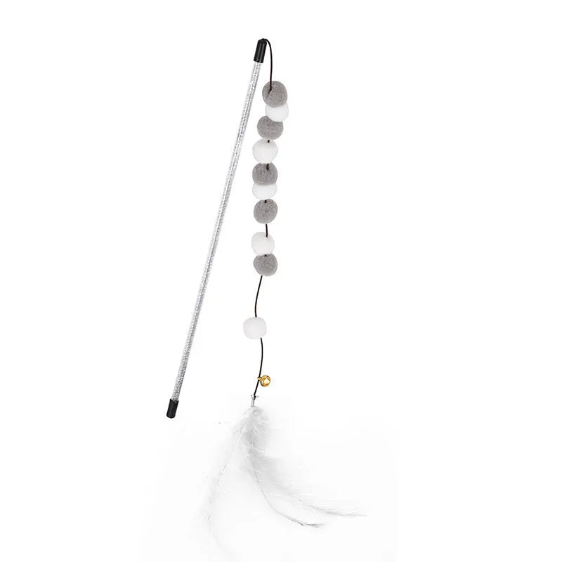 Colourful cat teaser stick with acrylic pompons and feather attachments measuring 31cm long