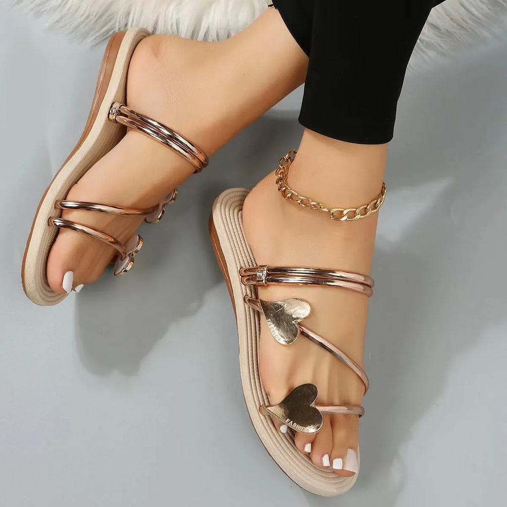 Heart shape slippers summer flat love beach shoes women available in gold and silver