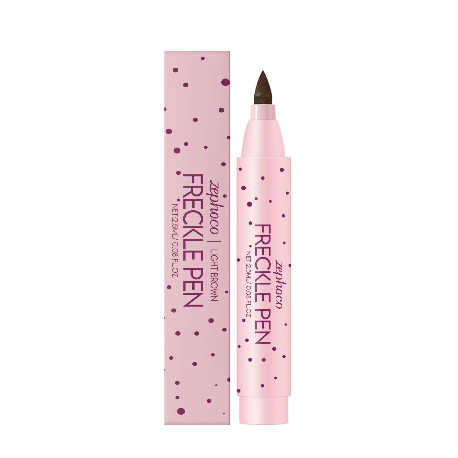Close-up of a cosmetic freckle pen with a pointed tip, shown in Dark Brown and Light Brown colour options.