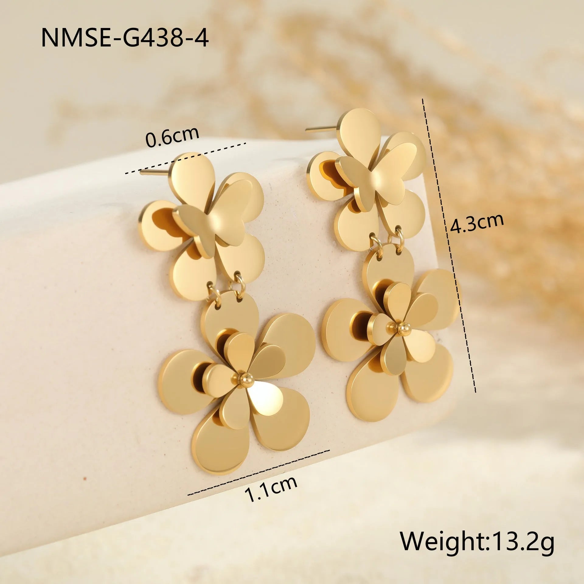 Gold flower butterfly stainless steel earrings for women with electroplated 18K finish