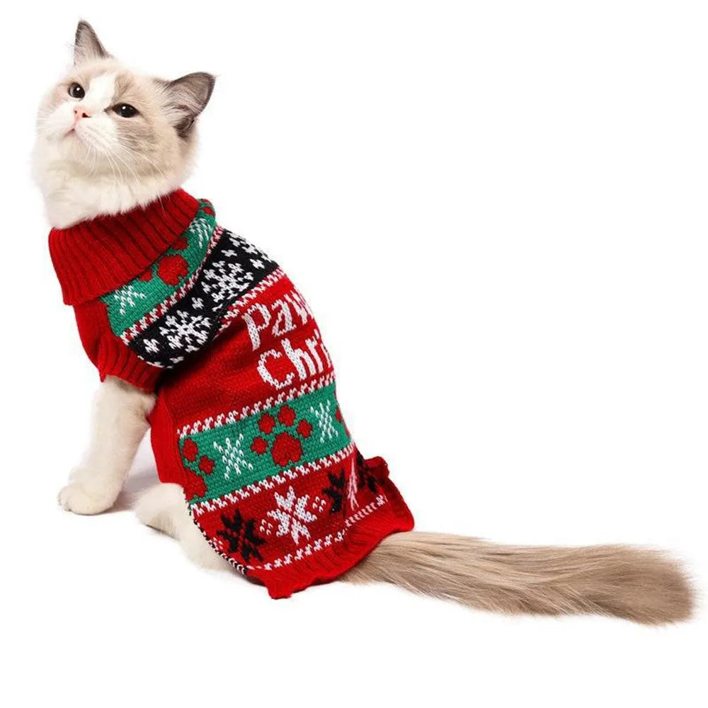 Red high-necked acrylic dog sweater on a pet, sizes XS to XL