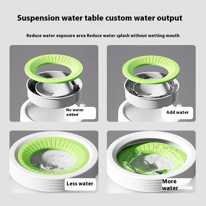 Green elevated pet water bowl with suspension stand next to a drinking cat