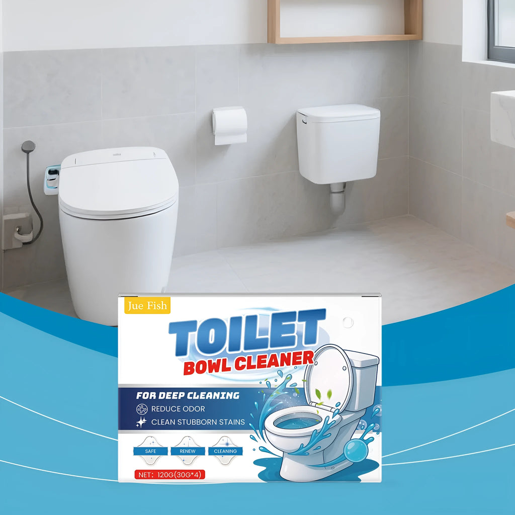 Box of toilet cleaning powder containing four 30g sachets, shown next to an open sachet of white granules.