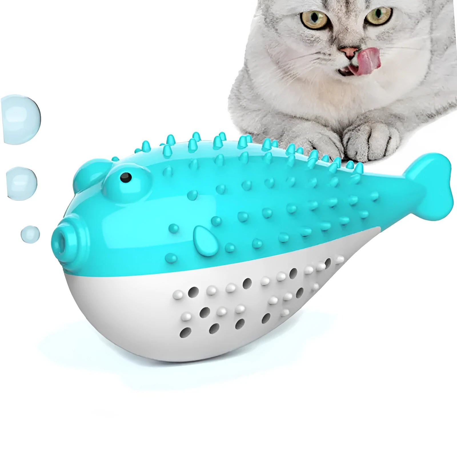 Silicone fish-shaped cat chew toy in blue colour measuring 12.2cm long