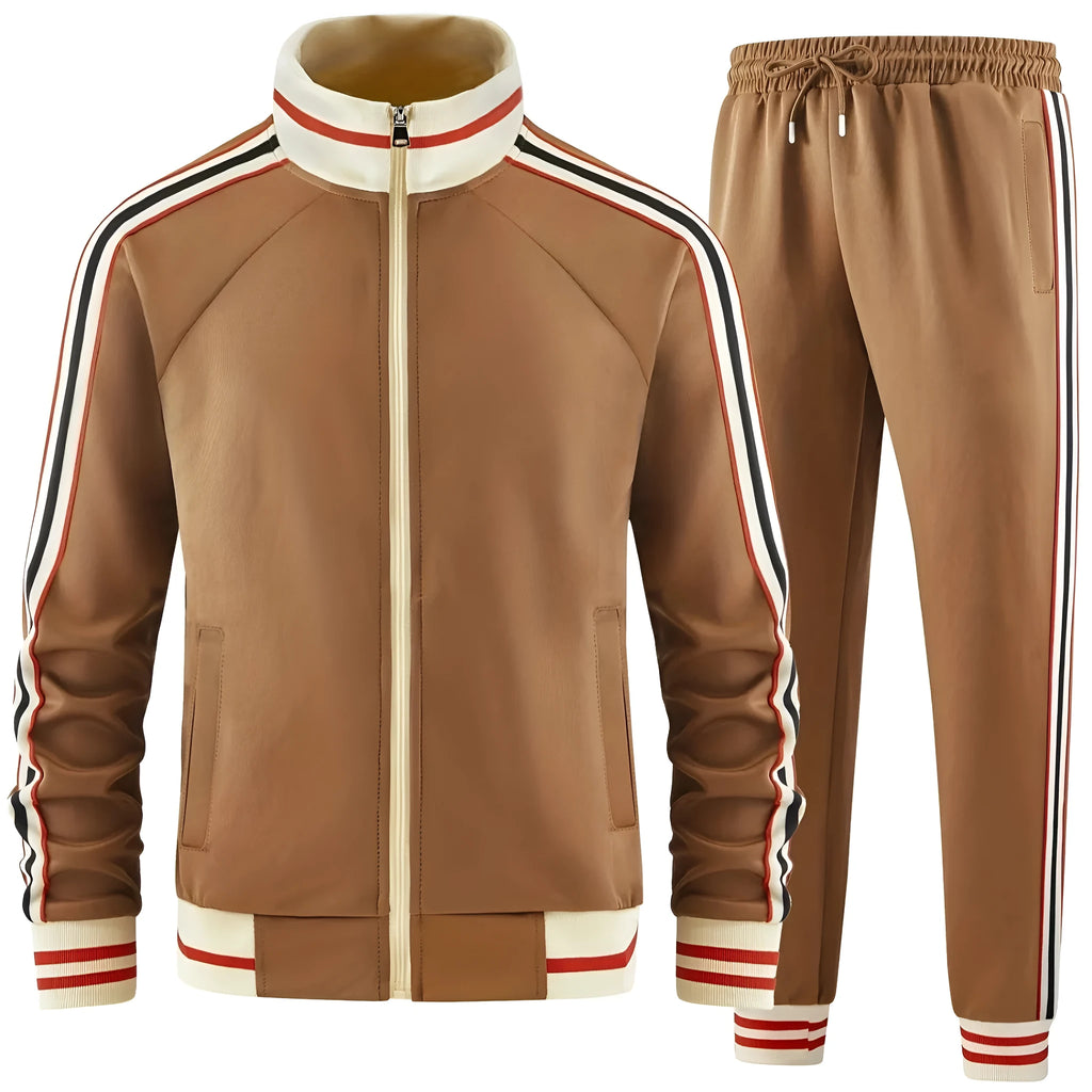 Khaki street style turtleneck zipper cardigan and trousers leisure suit
