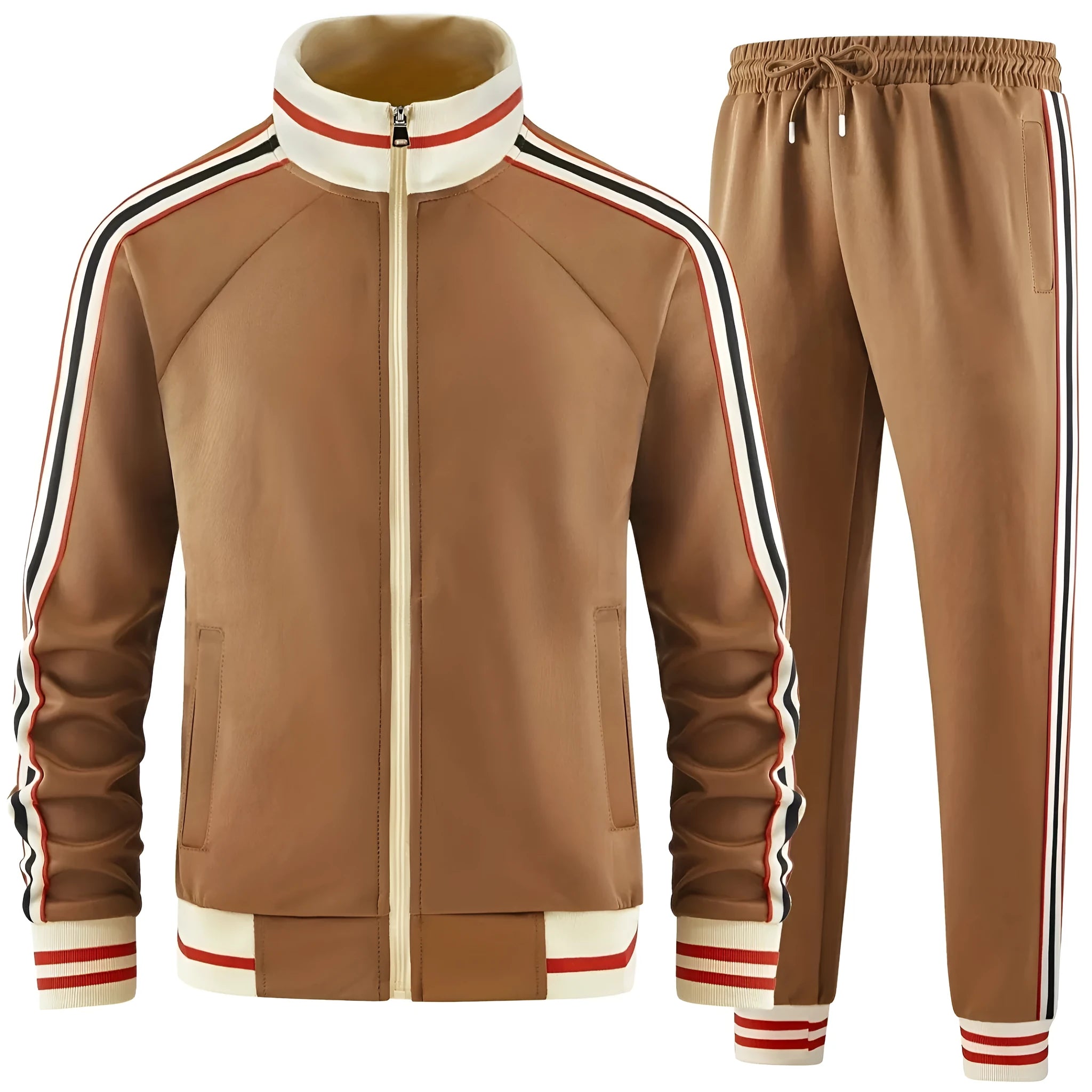 Khaki street style turtleneck zipper cardigan and trousers leisure suit