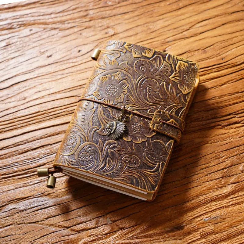Creative vintage engraving cowhide travel notepad in black A5 size with genuine leather cover