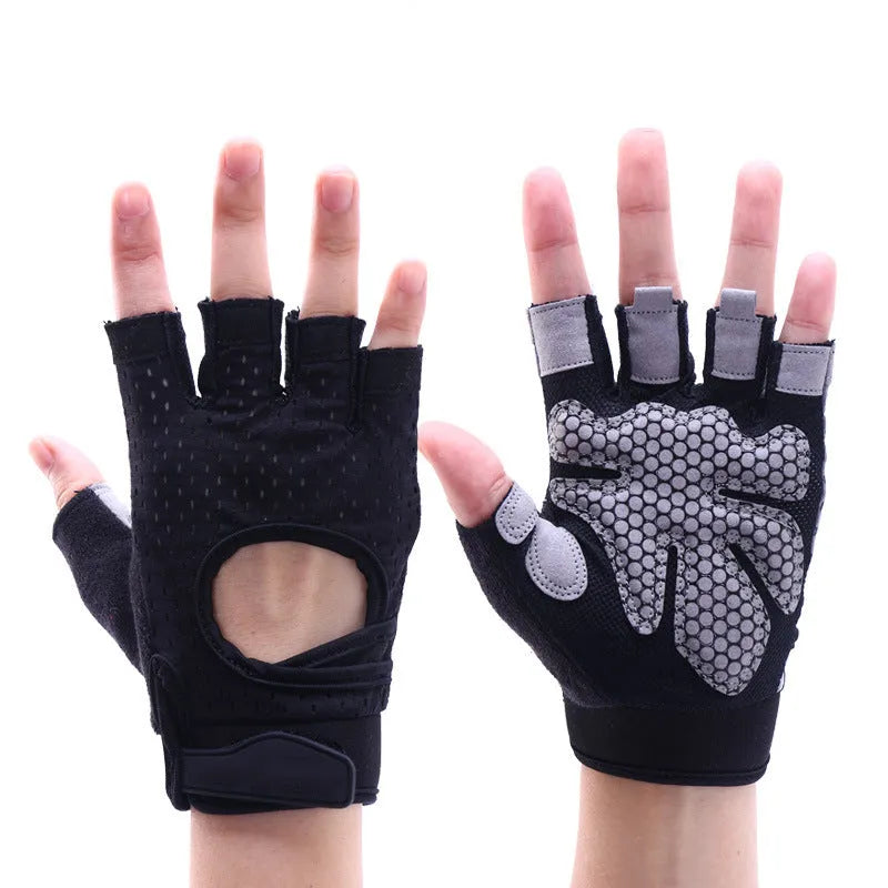 Nylon fitness gloves in black with wristband for dumbbell and horizontal bar exercises