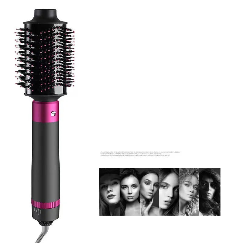 Dyson grey 5 in 1 hair dryer brush styling tool with multiple brush attachments on a white background.