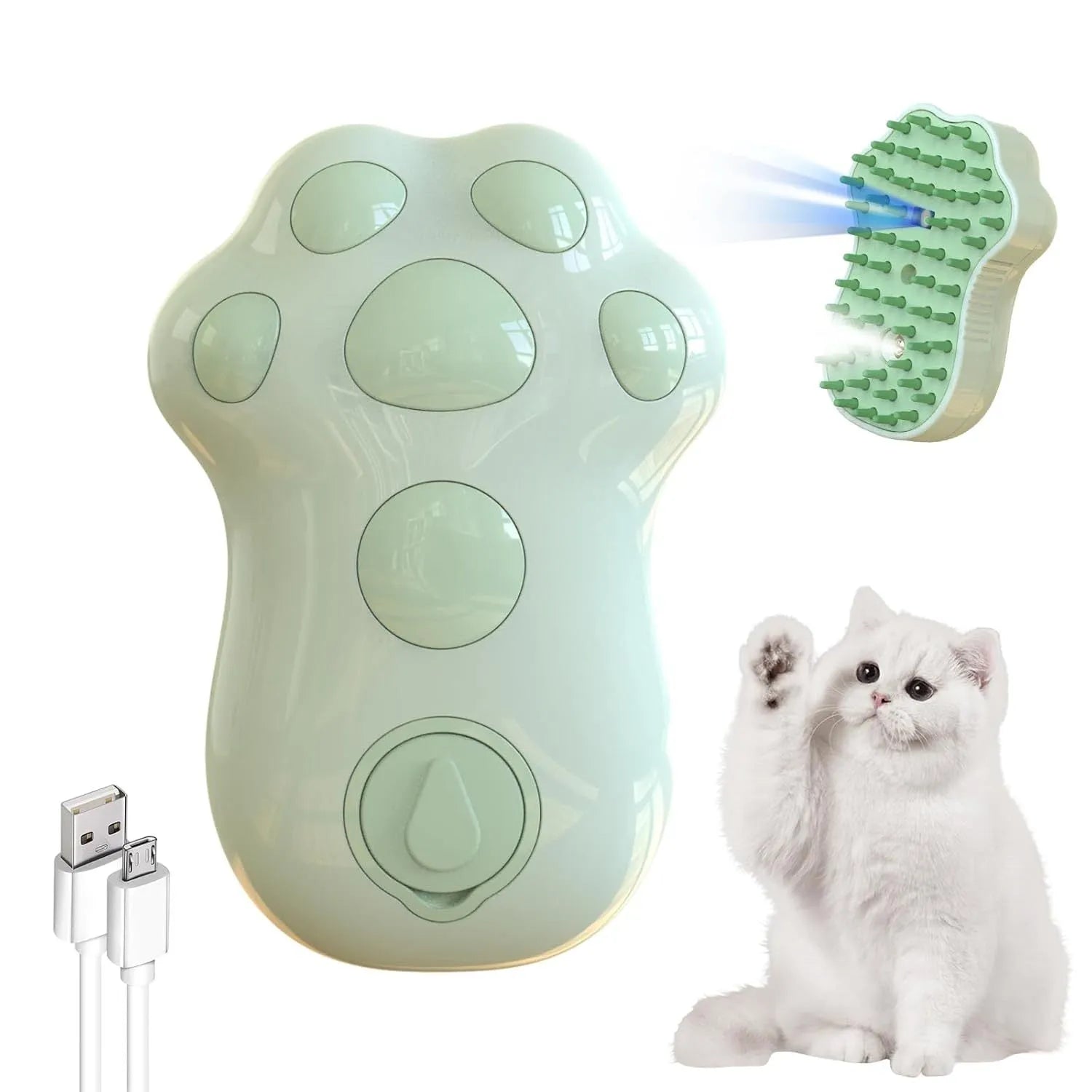 Blue self-cleaning cat steam brush with silicone massage head and water spray function.