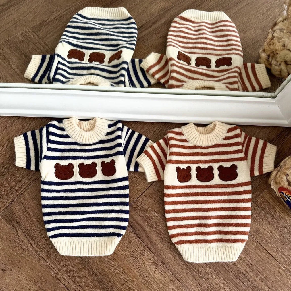 Korean style pet knitted sweater in navy blue stripes, warm wool fabric for dogs, autumn winter wear