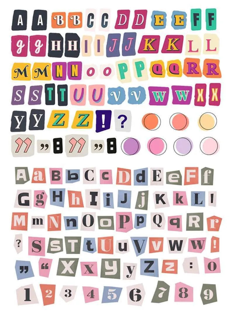 English letters and numbers symbol label sticker sheets with colour printing showing alphabet sets and weekly words