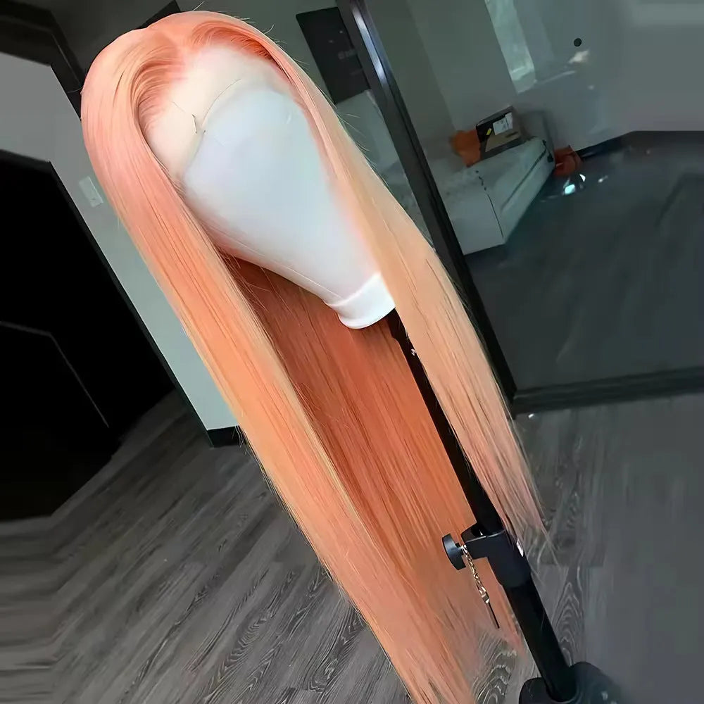 Light orange long straight front lace synthetic wig shown with side bangs