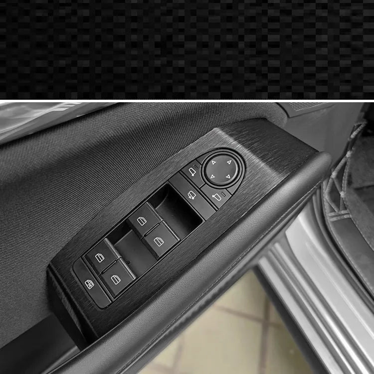Car interior decorative film sticker kit showing carbon fibre pattern applied to centre console and dashboard