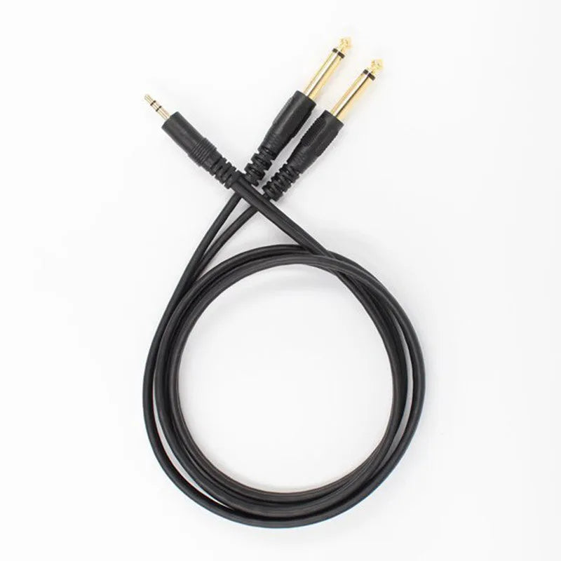 3.5mm to dual 6.5mm male audio cable in black with gold-plated connectors.