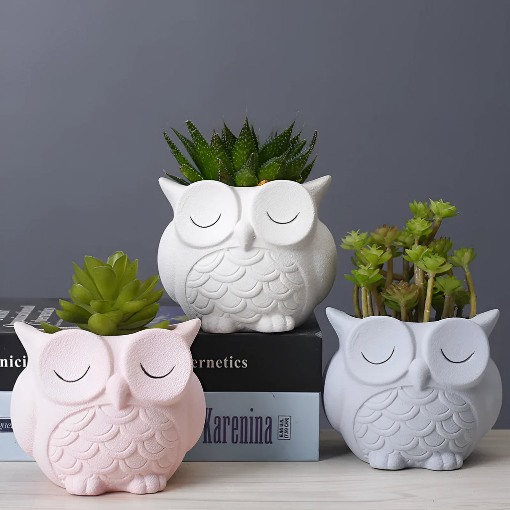 Handmade frosted ceramic owl flower pot in light pink for small succulents.