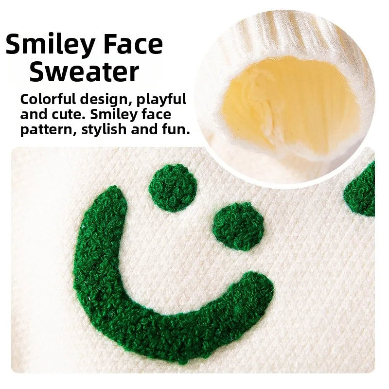 Knitted small dog sweater in white with multicolour Apple and smiley face embroidery