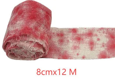 Roll of red polyester horror bandage with bloody print for Halloween decorations and costumes.