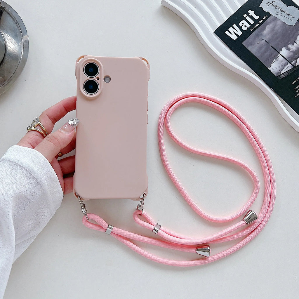 Four-corner cross lanyard liquid silicone phone case for Apple iPhone 16 in antique white with matching lanyard