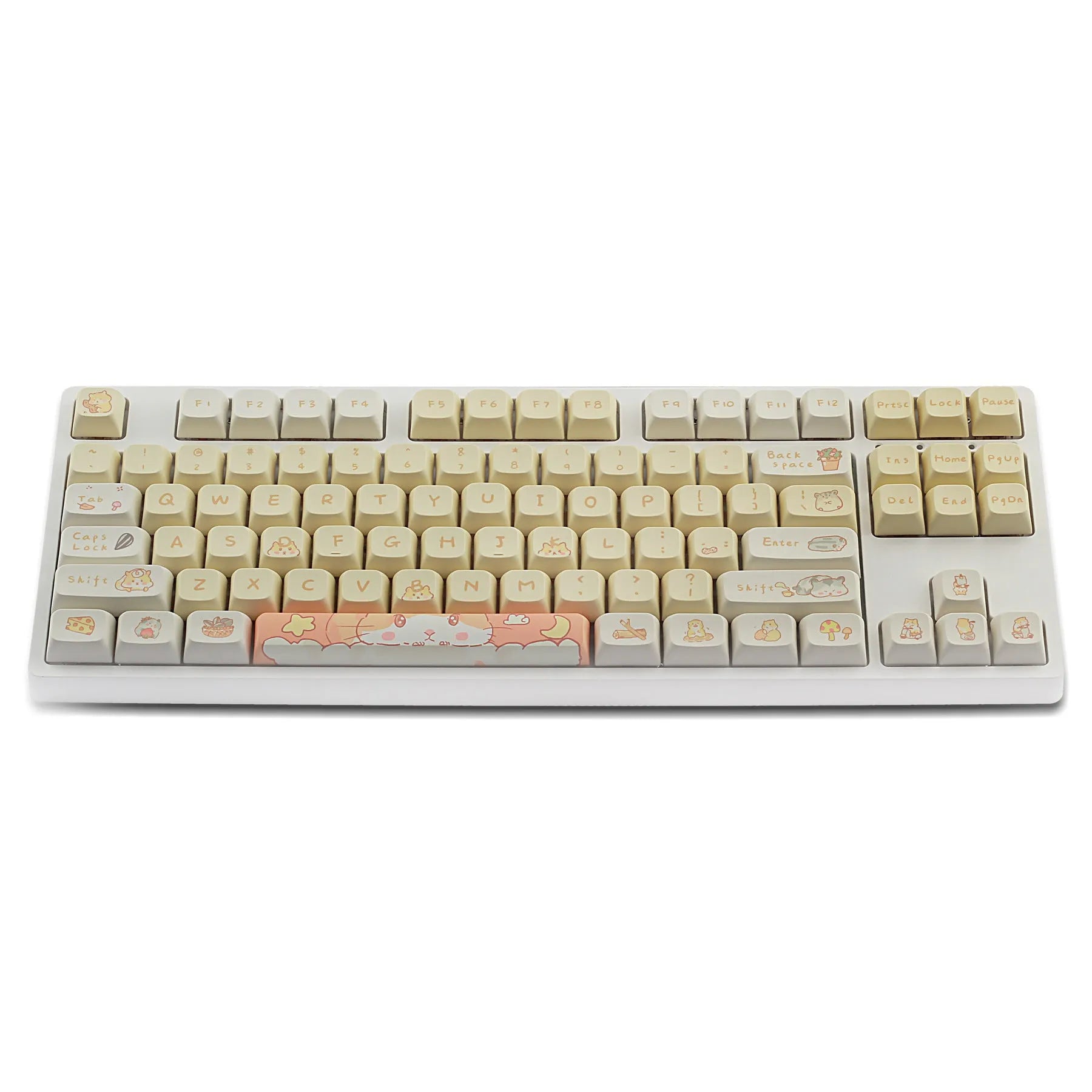 Custard colour mechanical keyboard keycaps with mouse artwork for 68-100% keyboard layouts