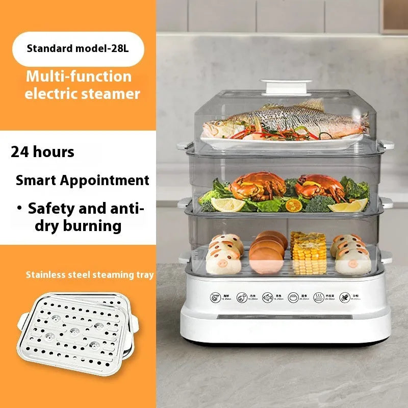 Household electric food steamer with stainless steel rack and compact design