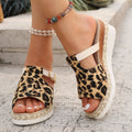 Women's leopard print wedge platform sandals with fish mouth toe in light green.