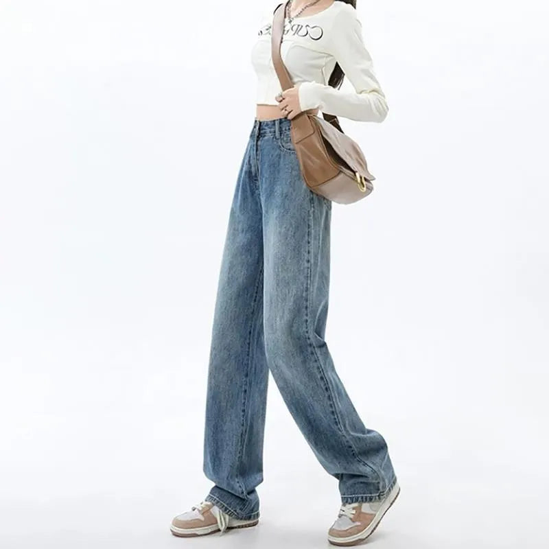 Women's retro blue high waist wide leg jeans with straight leg cut and stretch denim fabric