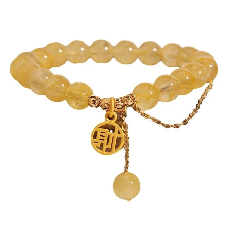 Natural citrine stone bracelet with Chinese fu character charm and adjustable brass chain