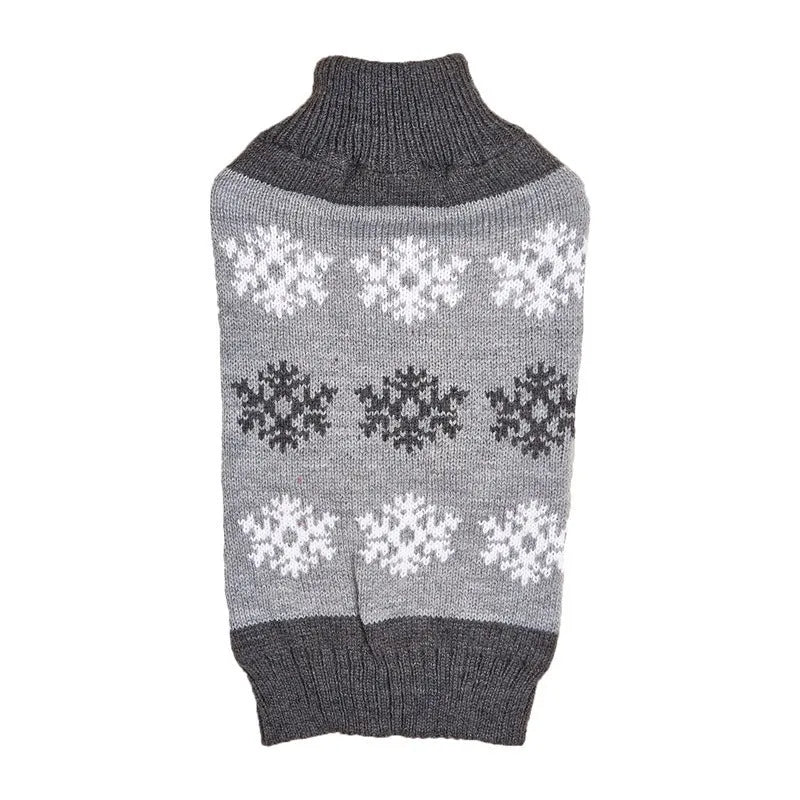 Brown and grey dog Christmas sweater with snowflake pattern, acrylic knit fabric