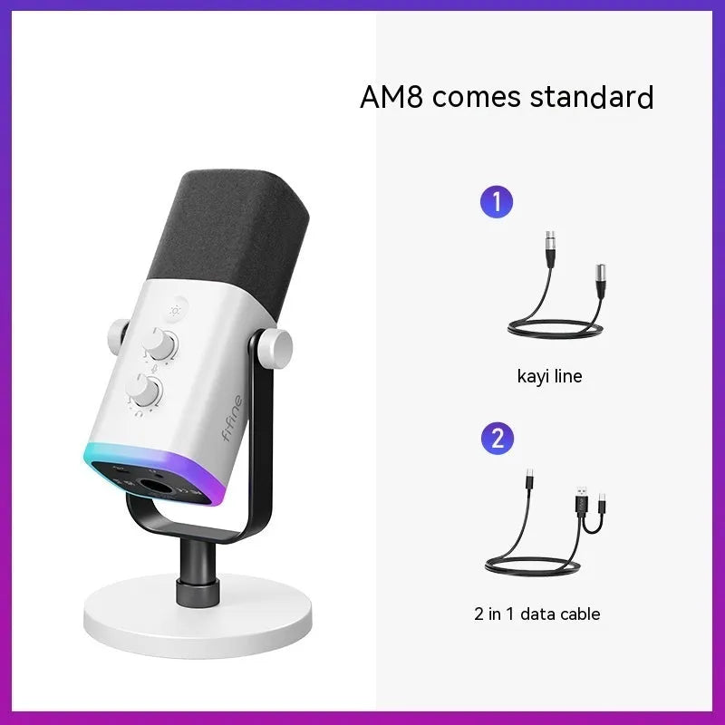 Dynamic noise reduction microphone in black, pink or white with XLR cable and desktop base