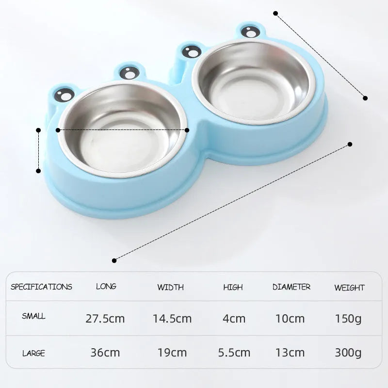 Stainless steel pet double bowl with frog design showing separate food and water compartments
