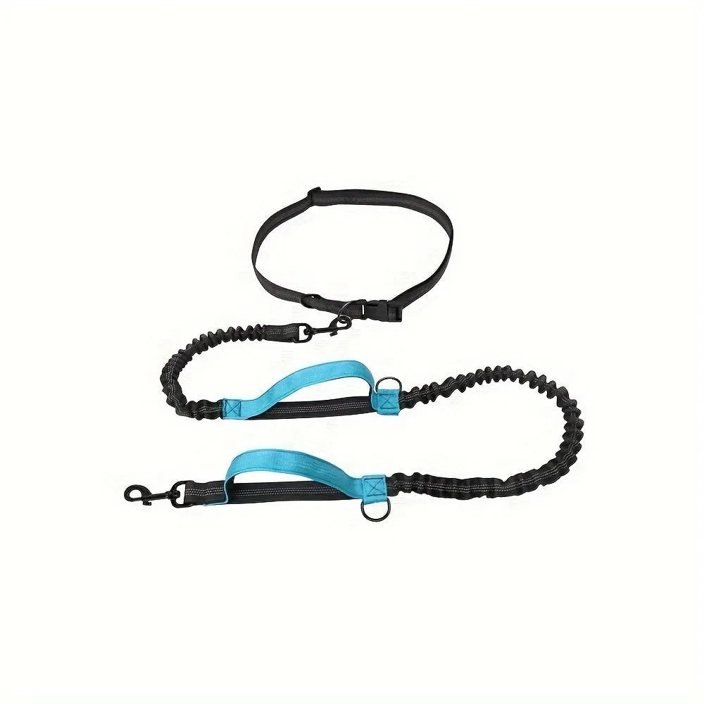 Hands-free dog leash with adjustable waist belt in durable nylon, available in five colours for running and walking
