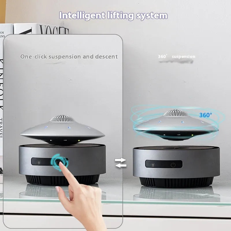 Magnetic levitation Bluetooth speaker floating above base unit with colour-changing LED effects