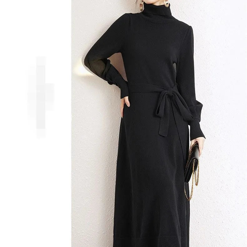 Adult ladies' turtleneck knit dress with elastic waist in rose red, black, red, or blue colours