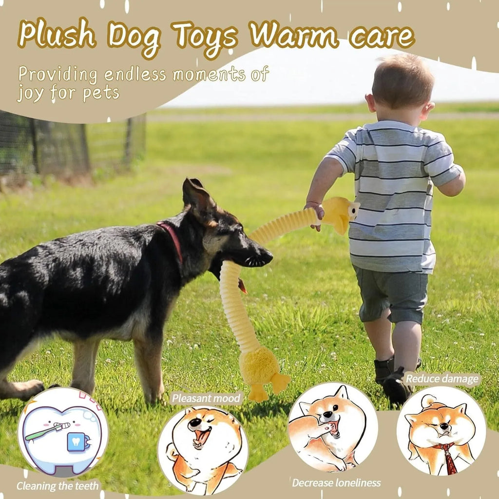 Plush squeaky dog toy with crinkle material in brown, grey, and yellow colour options