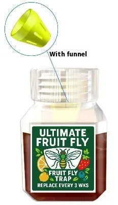 Bottle of fruit fly bait liquid with SK003 labeling, shown with funnel accessory option