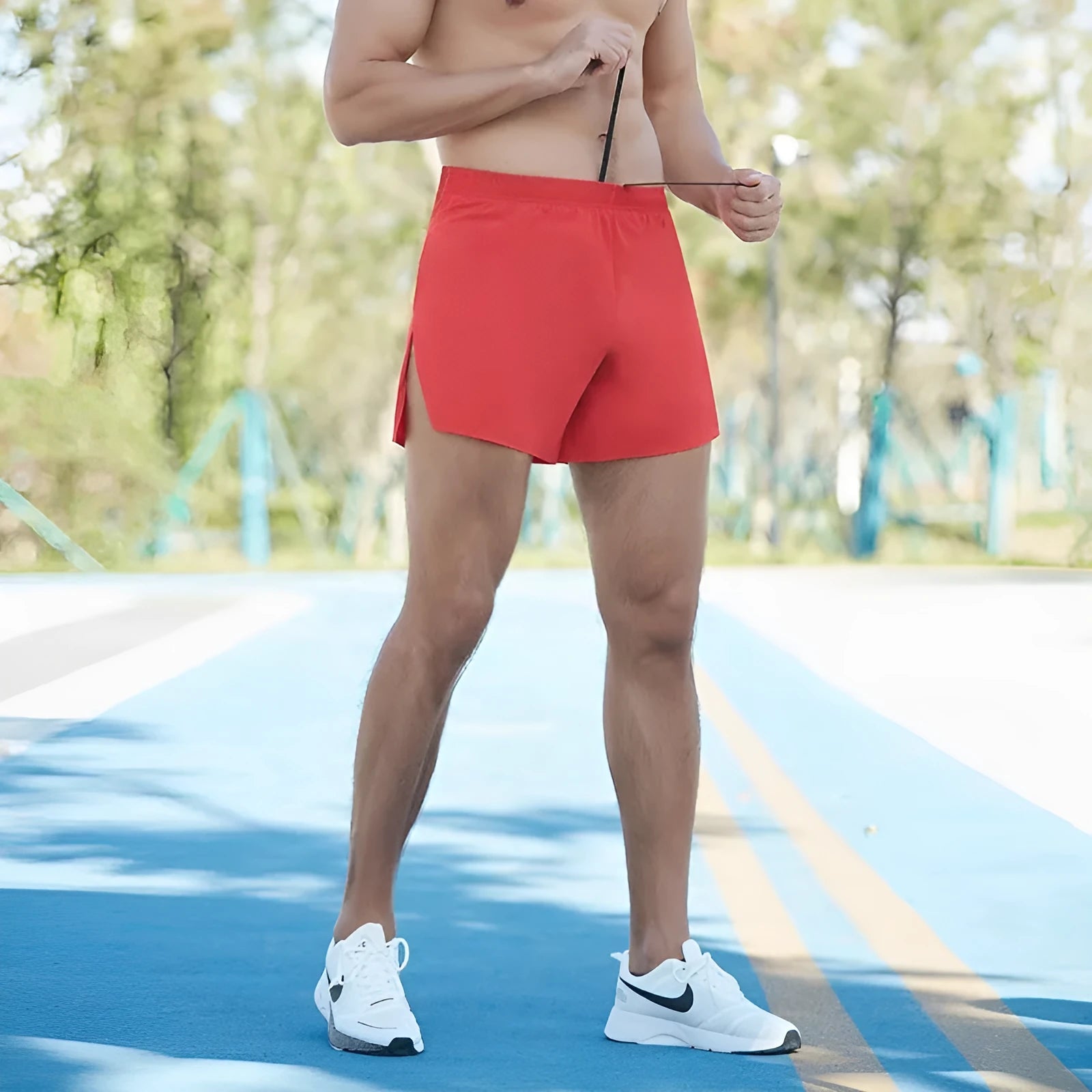 Men's high-waist loose fit off-road running shorts in red, quick-drying fabric for marathon running