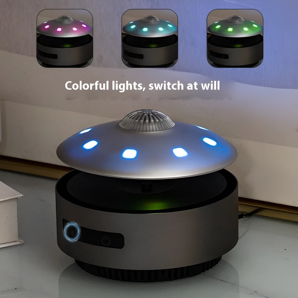 Magnetic levitation Bluetooth speaker floating above base unit with colour-changing LED effects