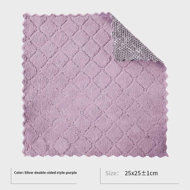 Silver double-sided kitchen scouring pad with a steel wool side and a grey microfiber rag side.