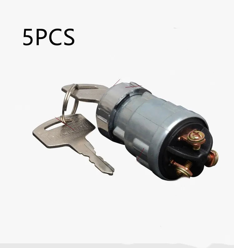 Pure copper vehicle ignition switch lock with matching key on a white background.