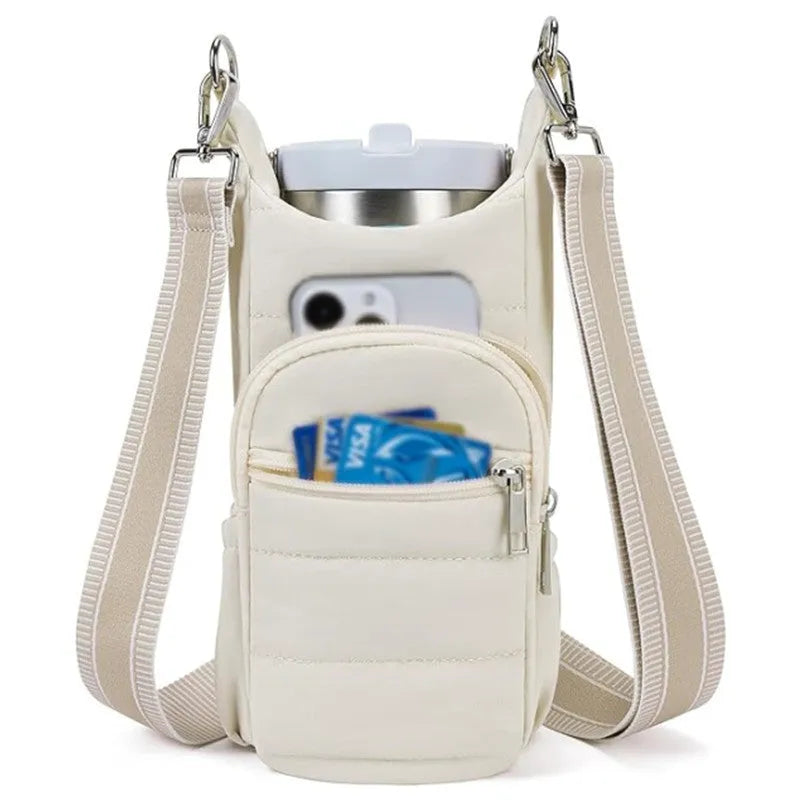 Cloth water bottle bag for bicycle mounting in black, pink, or beige colours