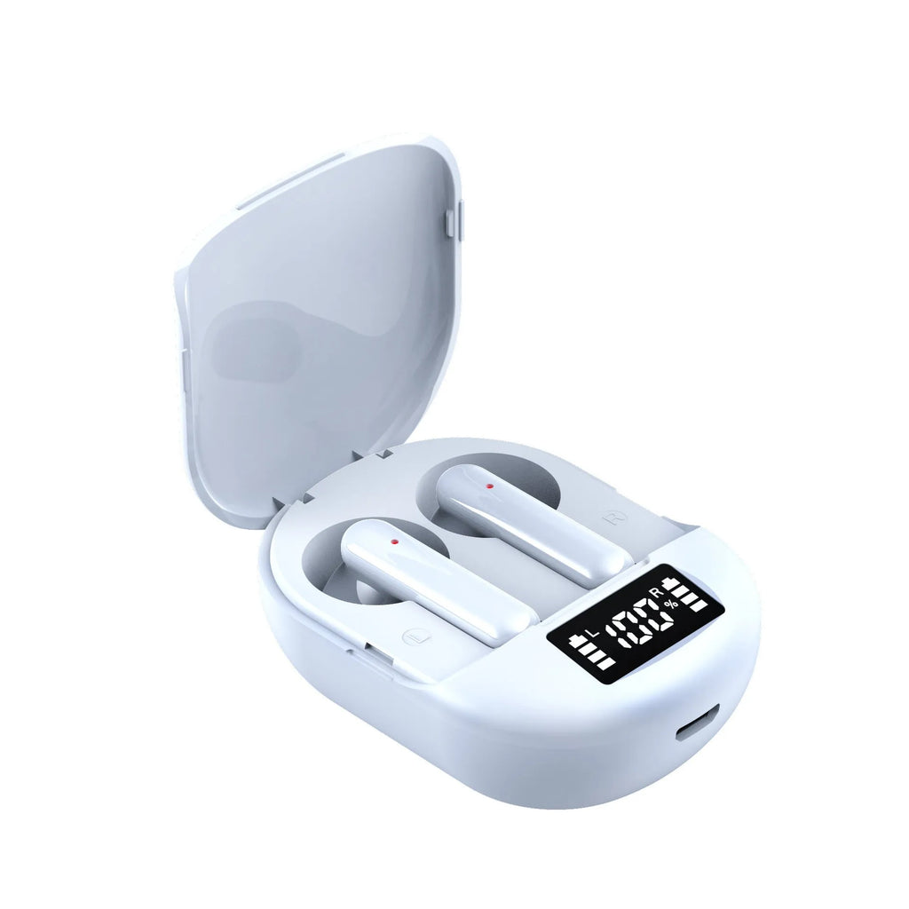 Black wireless Bluetooth in-ear headphones with digital display screen next to charging case